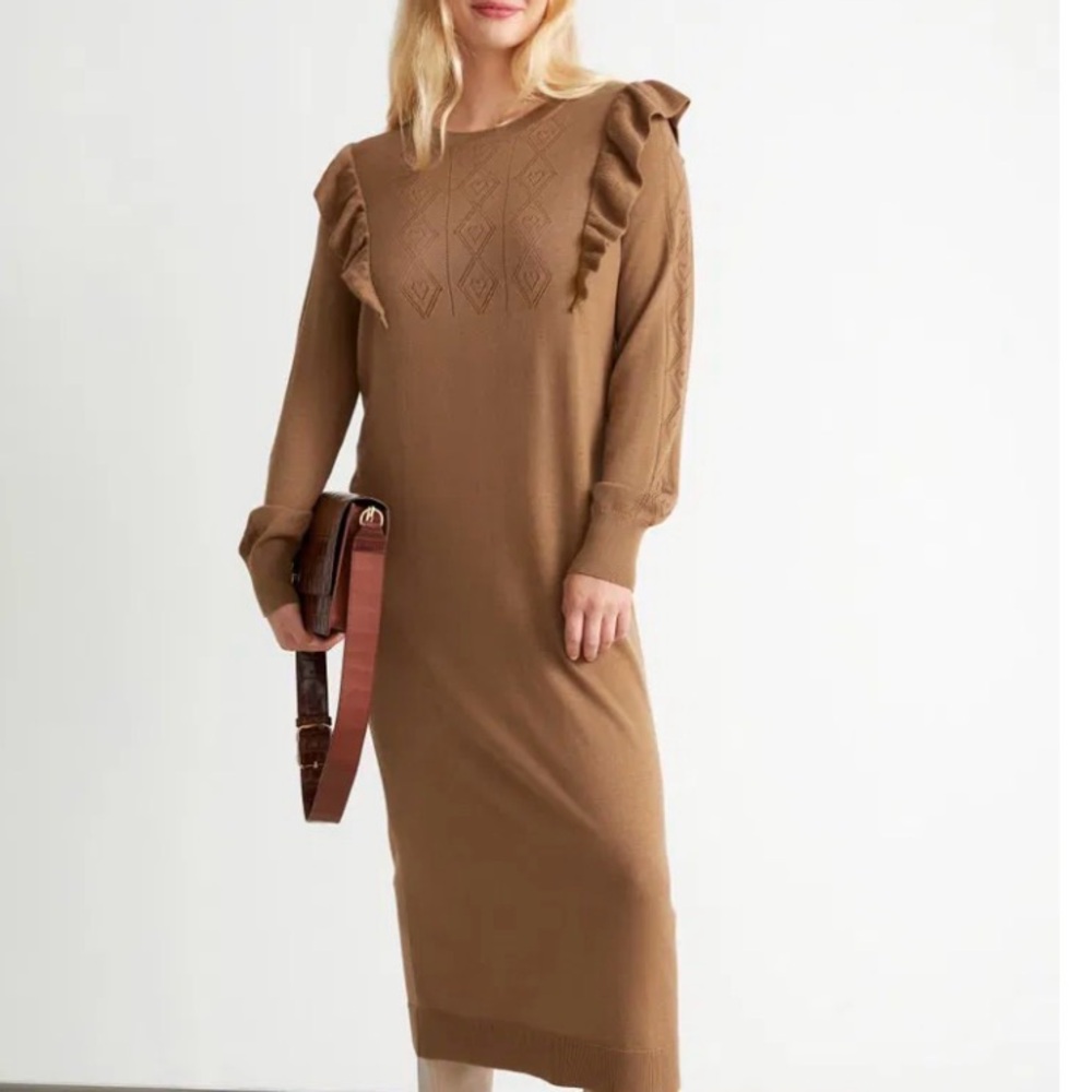 & Other Stories Pointelle Knit Midi Sweater Dress Brown Wool Sz L Long Sleeve